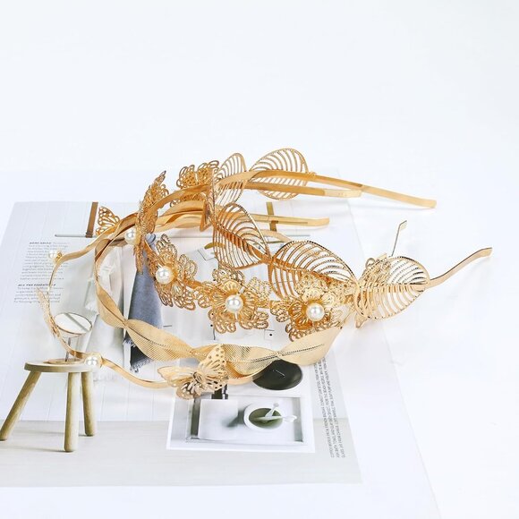 8 Pcs Gold Metal Headbands Women Girls Teens Elegant Leaf Butterfly Flowers Jewe - Picture 8 of 8
